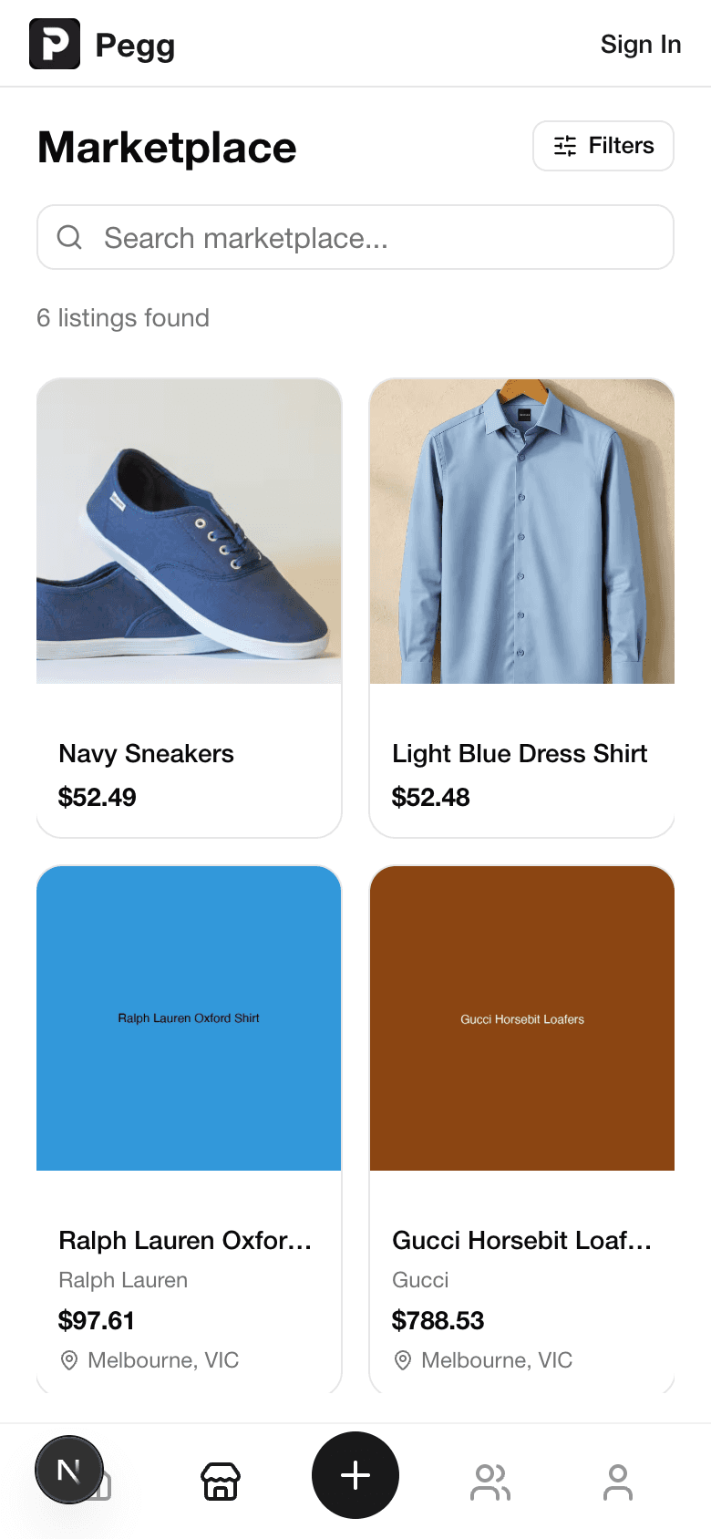 Pegg marketplace screen